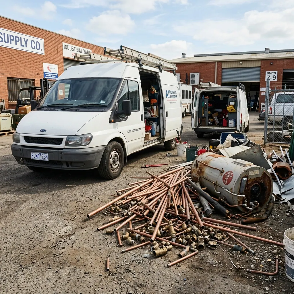 Plumber work van with discarded copper pipes and a hot water unit ready for scrap recycling