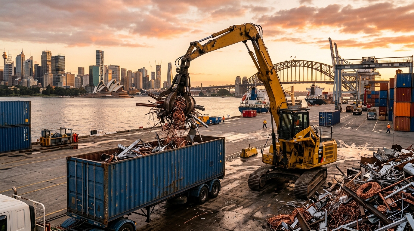 Shipping container being loaded with processed scrap metal by an excavator at Shine Motor export yard in Sydney