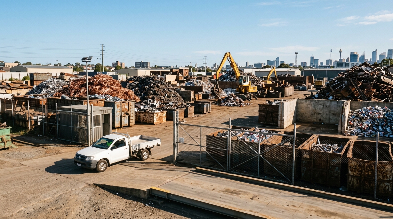 Customer ute at a scrap metal recycling yard intake scale surrounded by sorted copper and aluminium bins in Ingleburn Sydney